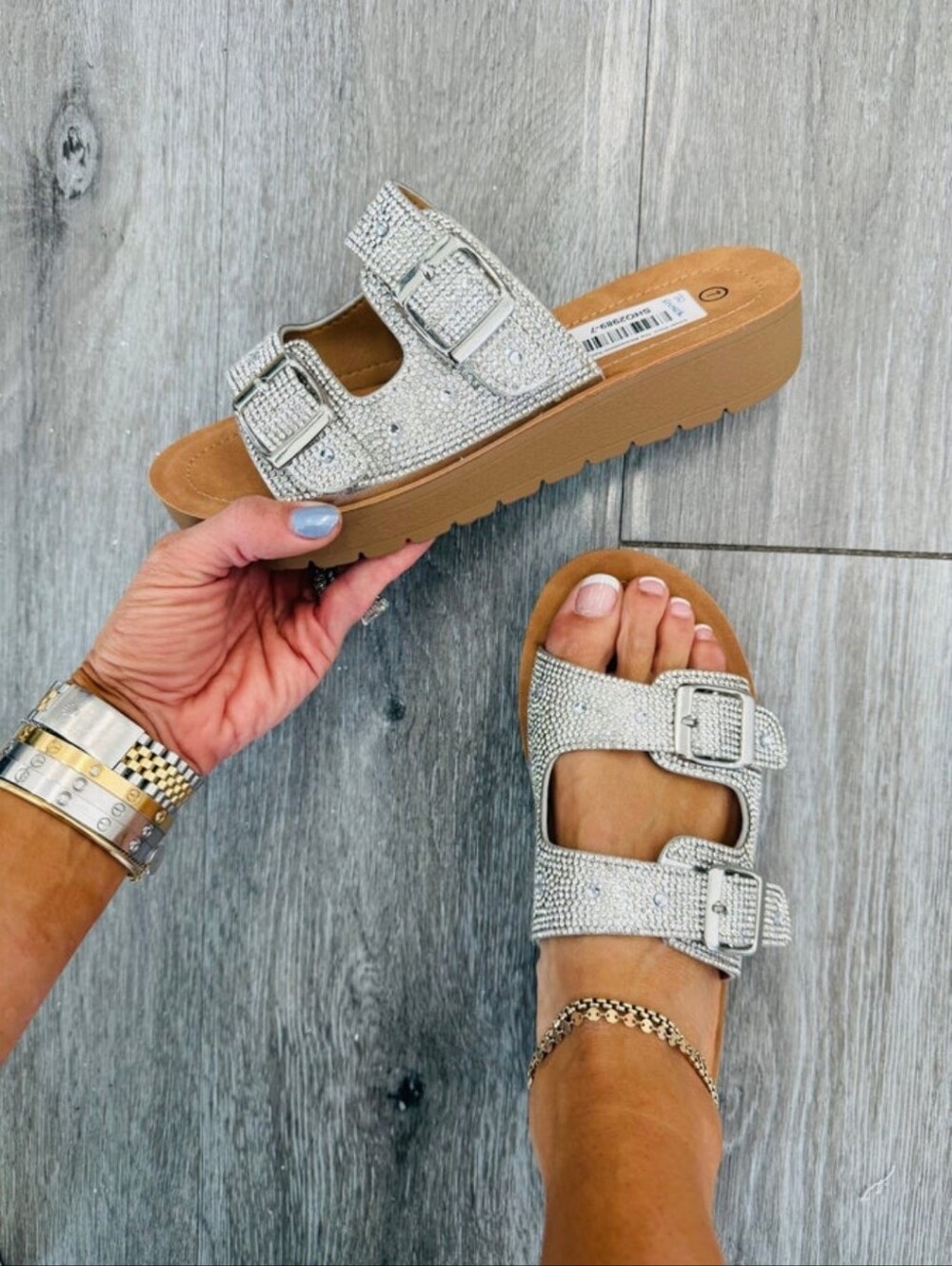 SODA Women's Rhinestone Double-Buckle Slide Sandals in Taupe